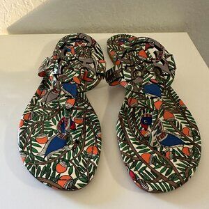 New in Box Tory Burch Miller Patent Leather Orange Something Wild Print Sandals